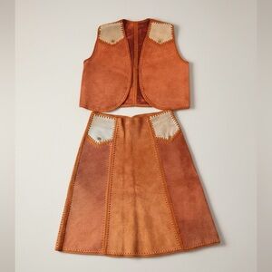 Hand Crafted Rust and Cream Kids Two-Piece Suede Suede Leather Skirt Vest Set